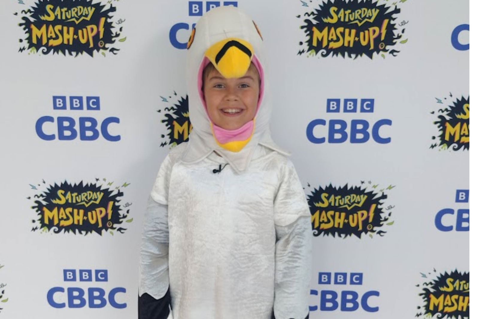 Junior Seagull impersonator Cooper Wallace in his seagull costume at the BBC